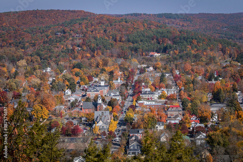 Overlooking small town Milford, PA, from scenic overlook on a sunny fall day