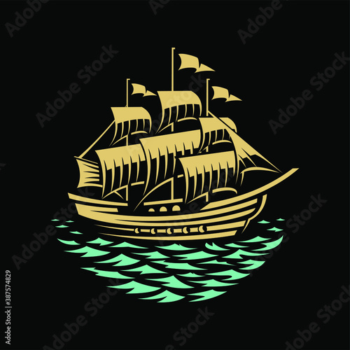 Sailing ship - hand drawn vintage illustration in black background