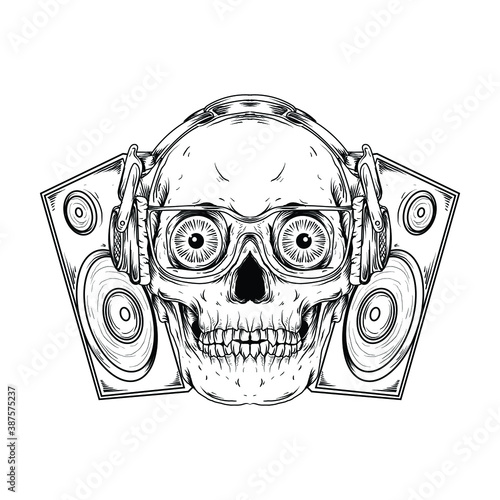 tattoo and t-shirt design black and white hand drawn skull with headphone and 
sound system engraving ornament