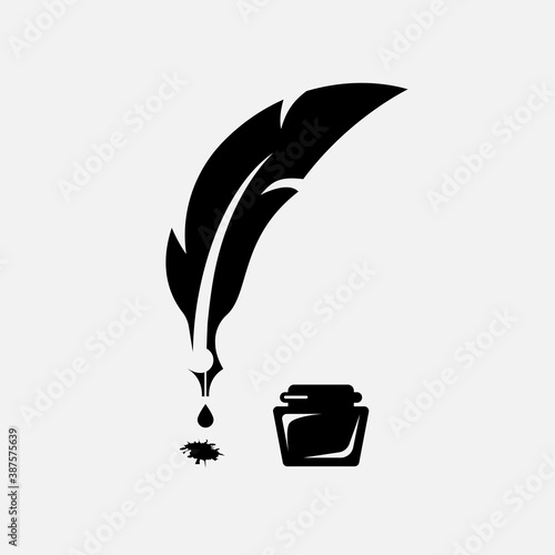 Fountain pen black icon. Ink pen, blot and bottle. Glyph old vintage pen. Vector illustration flat design. Isolated on white background.