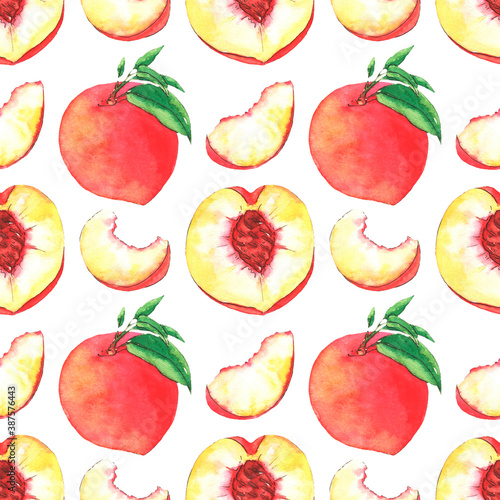 Seamless watercolor pattern with peaches and leaves