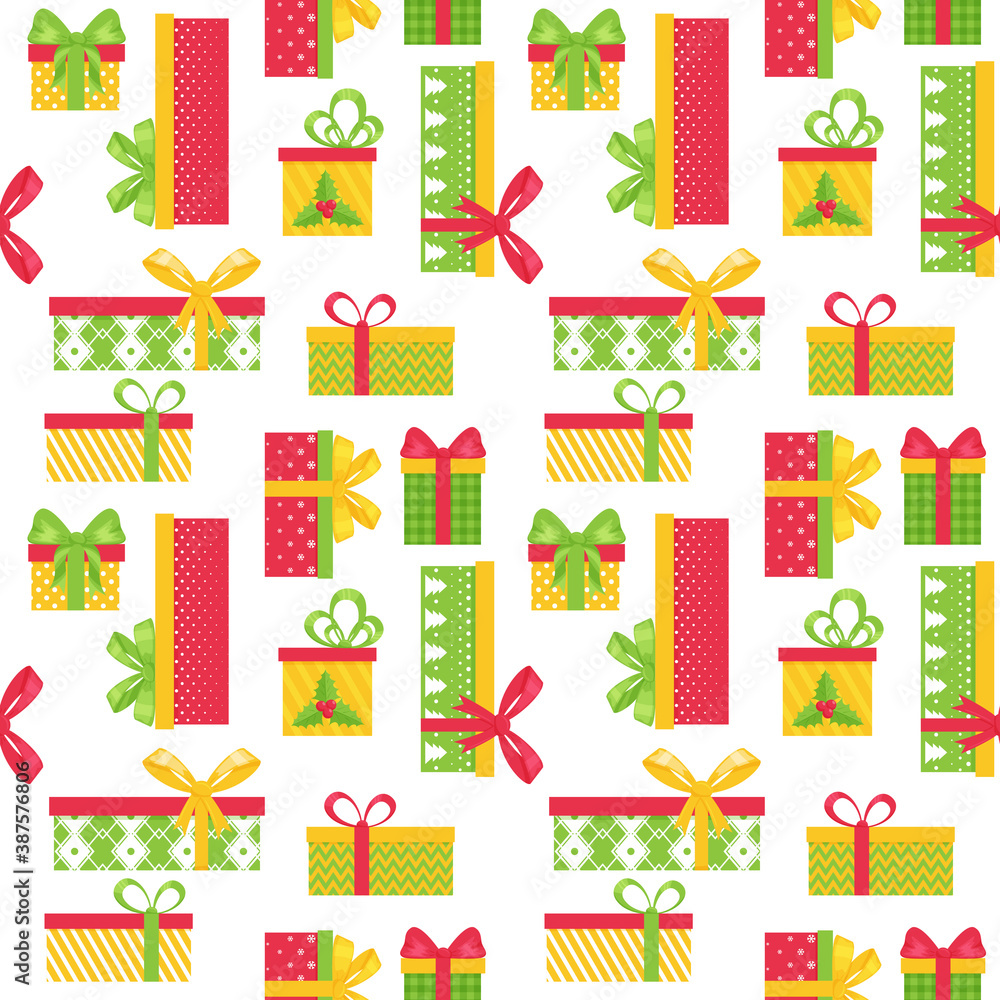 Bright seamless pattern with multi-colored gift boxes on a white background. Great for wrapping paper, gift boxes. Flat objects are isolated and hidden under a mask. Easy to edit. Vector illustration.