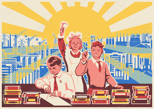 Old Soviet Study and Education Propaganda Posters Style Illustration, Scholars, Urban Background 