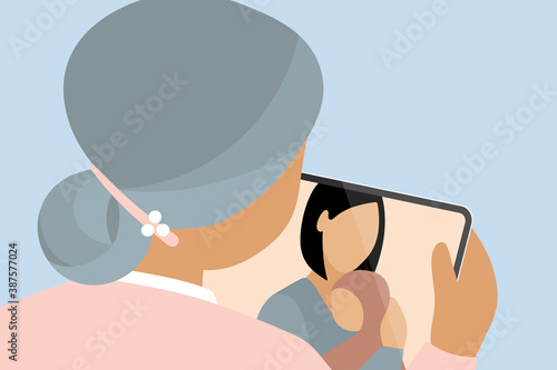 Three generations (grandmother, mother and baby) having a video call on tablet, staying connected during quarantine. Modern vector illustration.