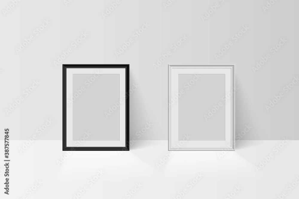 Realistic vector 3d empty blank black and white simple frame mockup templates isolated on light background. Picture or photo framing mats with border shadow. Gallery, home design interior. Realistic vector 3d empty blank black and white simple frame mockup templates isolated on light background. Picture or photo framing mats with border shadow. Gallery, home design interior.