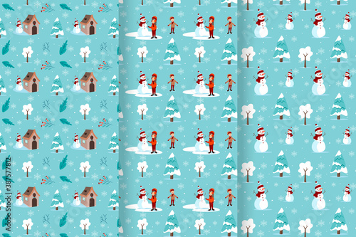 Merry christmas pattern with children making snowman