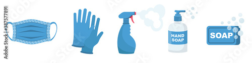 Prevention set. Rubber gloves on hands, medical mask. Bottle of antiseptic spray. Antibacterial flask. Disinfectant concept. Vector flat design. Coronavirus protection. Hand washing water with soap.
