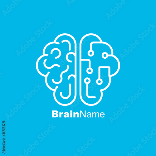 Technical brain. Half of the brain as an electrical board. White line icon isolated on blue background. Vector illustration flat design. Idea and creativity symbol.