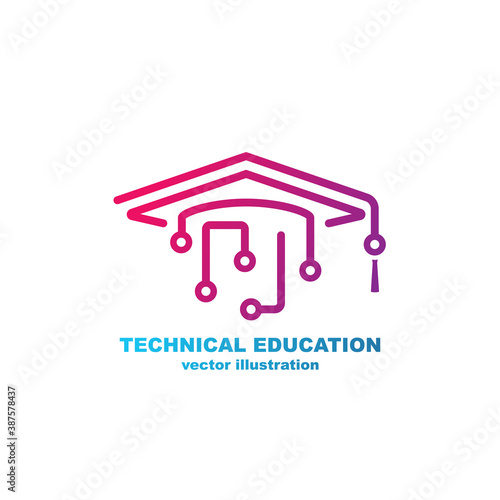 Technical education logo. Graduate cap and processor circuit. Electronic training. Simple line colored sign. Vector illustration flat design. Isolated on white background.