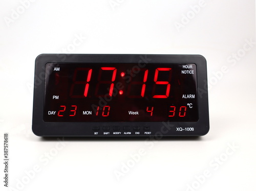 Black digital clock time Red numbers isolated on white background