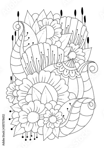 Coloring page for children and adults. Vector illustration with abstract flowers. Black-white background for coloring  printing on fabric or paper.
