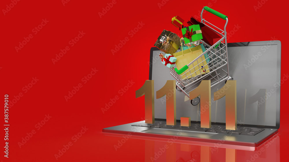 shopping cart on notebook  and gold text 11.11 for shopping content 3d rendering.