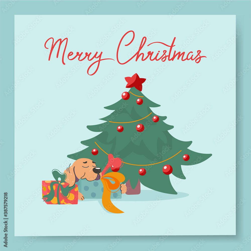 Greeting cards with cute cartoon labrador under the New Year tree. Funny vector postcard. Lettering Merry Christmas. Greeting cards with cute cartoon labrador under the New Year tree. Funny vector postcard. Lettering Merry Christmas.