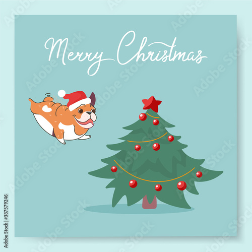 Greeting cards with cute cartoon bulldog wearing santa claus hat. The dog hurries to the Christmas tree, the inscription Merry Christmas. Funny vector postcard