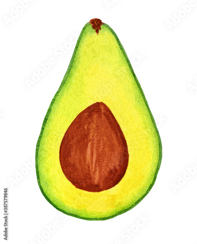 Watercolor half avocado with seed isolated on white background. Ripe fruit cross section for print design, banner, logo, sticker, poster