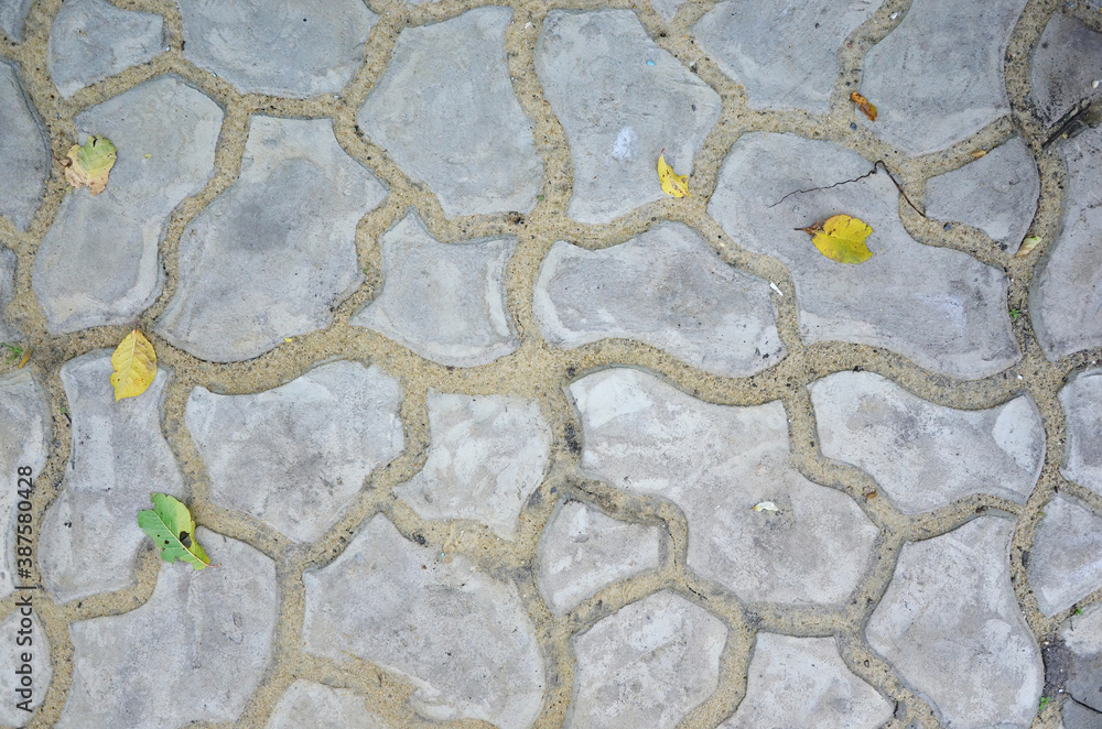 Garden path view at the top. Interesting texture of paving slabs for the background. Yellow leaves are scattered on the road. Grey natural concrete. Paving slabs laid on the sand. Garden path view at the top. Interesting texture of paving slabs for the background. Yellow leaves are scattered on the road. Grey natural concrete. Paving slabs laid on the sand.