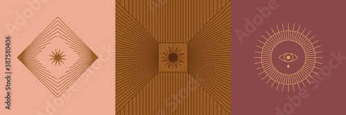 Vector set of linear boho icons and symbols - sun logo design templates  and pritns - abstract design elements for decoration in modern minimalist style