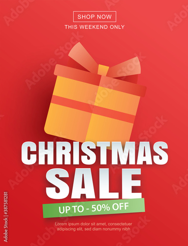 Christmas sale with gift box on red background in paper art style.