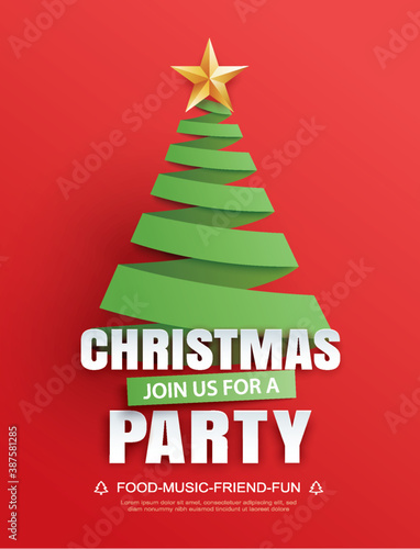 Merry christmas party invitation card tree symbol in paper art template.