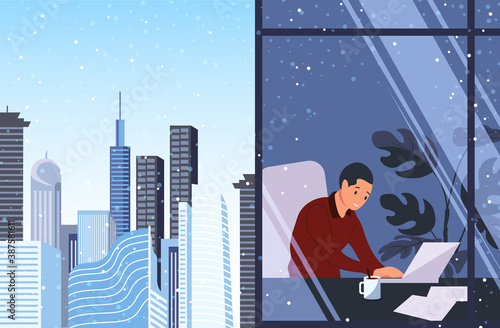 Businessman, freelancer or clerk working at an office desk in front of a laptop by the window. Panoramic view of the modern city in winter. Flat vector illustration.