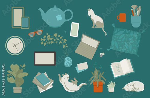 Working at home, concept illustration. People at home in quarantine. Interior decoration atmosphere. 
