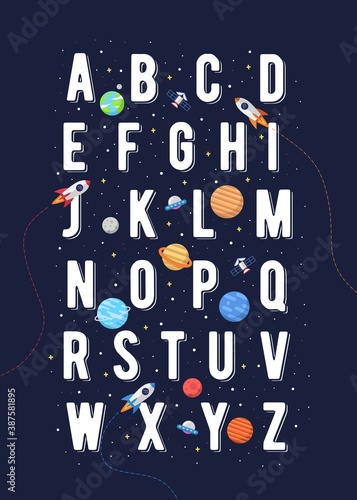 English Alphabet with Space vector illustrations set. Isolated capital letters with space theme. Childish font for kids ABC book symbols pack.