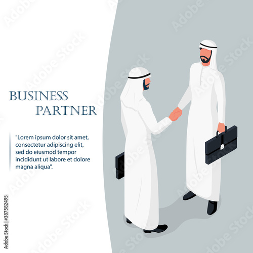 Handshake of two Arab businessmen. Landing page business people deal. Political meeting. Isometric 3D design. Vector illustration. Deal agreement. Shake hand.