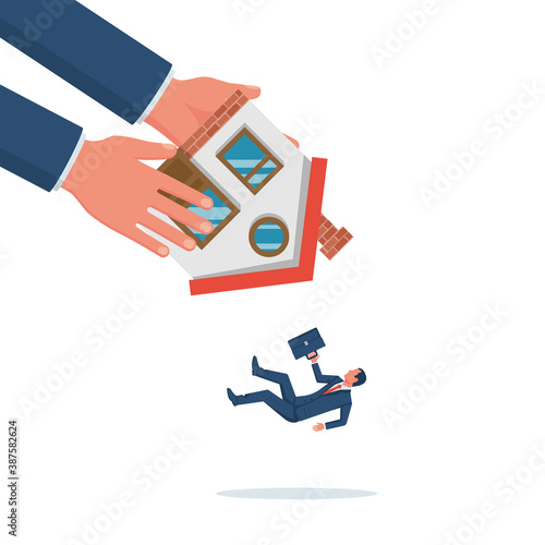 The eviction agent shakes the house. Eviction notice. Vector illustration flat design. Isolated background. Credit debt. Real estate pledge. The man leaves the house.