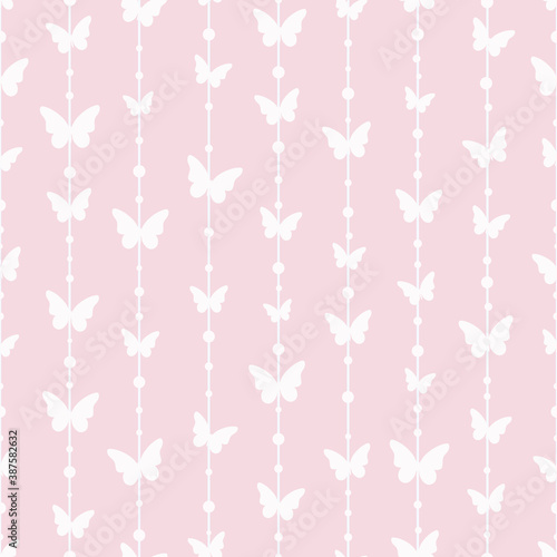 Vector pastel butterflies seamless repeat pattern background. Cute pastel pink girly seamless stripe pattern.