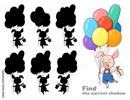 Сute little pig with balloons and a gift. Find the correct shadow. Educational game for children. Cartoon vector illustration.