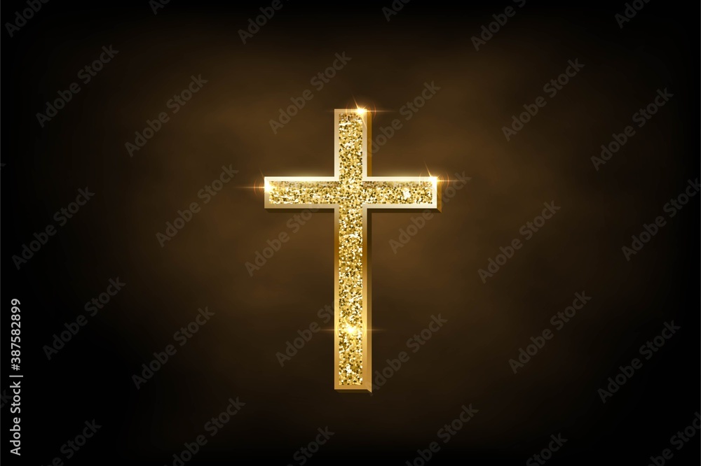 Religious crusifix symbol on brown fog background. Vector golden shiny orthodox cross