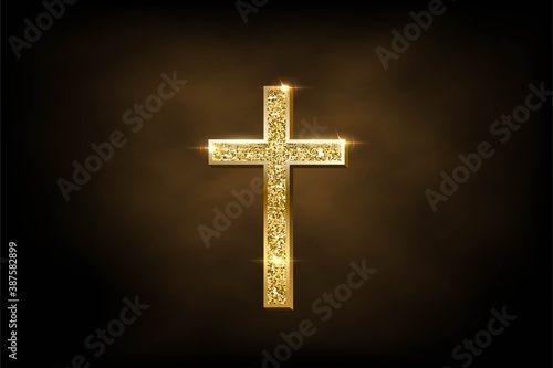 Religious crusifix symbol on brown fog background. Vector golden shiny orthodox cross