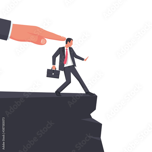 Big hand of leader pushes subordinate employee into abyss. Standing on cliff. Danger of falling into abyss. Business challenge concept. Vector illustration flat design. Isolated on white background.