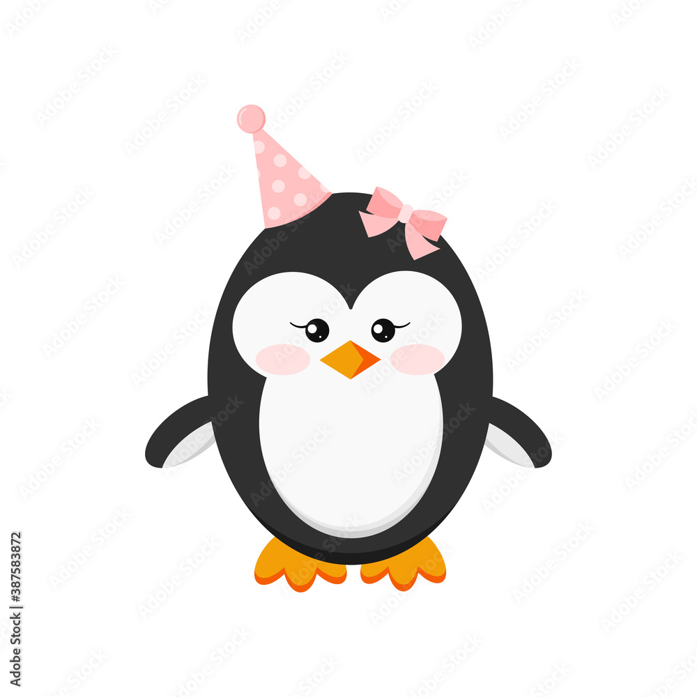 Obraz premium Cute penguin baby girl in happy birthday party cap isolated on white background. Flat design cartoon style sweet animal bird character vector illustration.