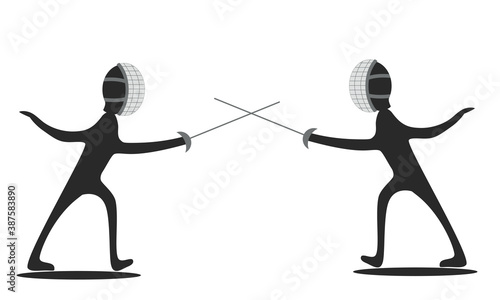 Fencing sport. Black silhouette of two fencers on a white background. Isolated vector image