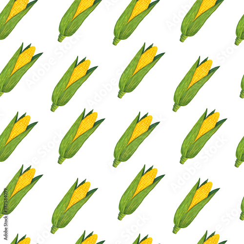 Gold corn husk geometric seamless pattern isolated on white background. Nice maize watercolor illustration for cover, fabric, textile, t-shirt design, poster, wrapping, harvest festival, thanksgiving