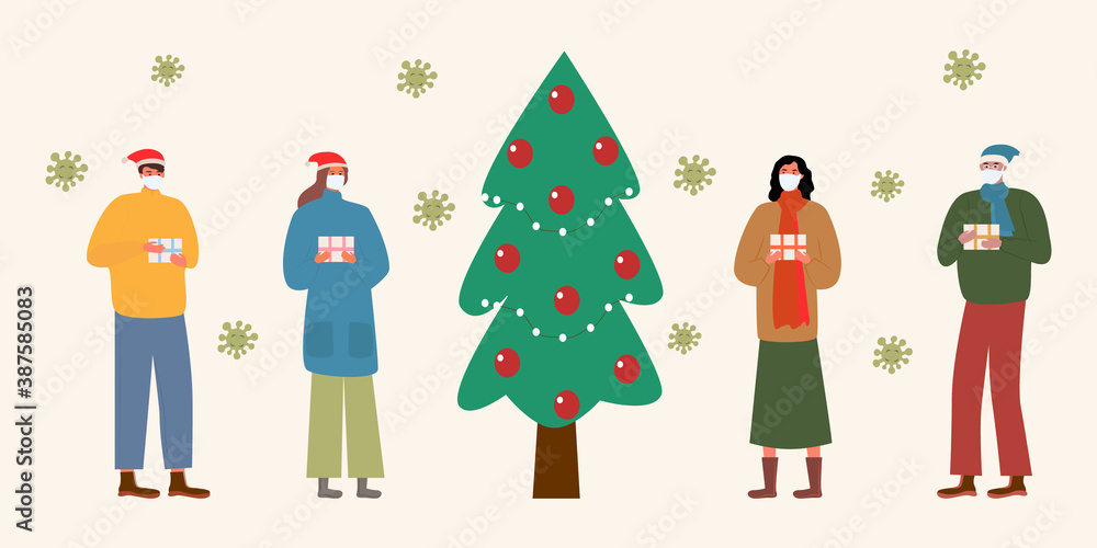 
Masked men during quarantine give gifts to each other near the Christmas tree. Cartoon vector in flat style. Men and women in festive winter clothes hold gifts as they celebrate the winter holidays 