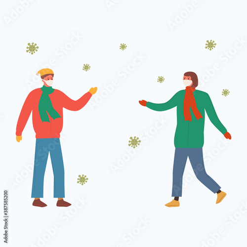 
Fashionable youth in winter clothing and masks communicate from a distance during a pandemic. Cartoon flat vector. A guy and a girl in warm Christmas hats, scarves, coats and boots greet each other. 