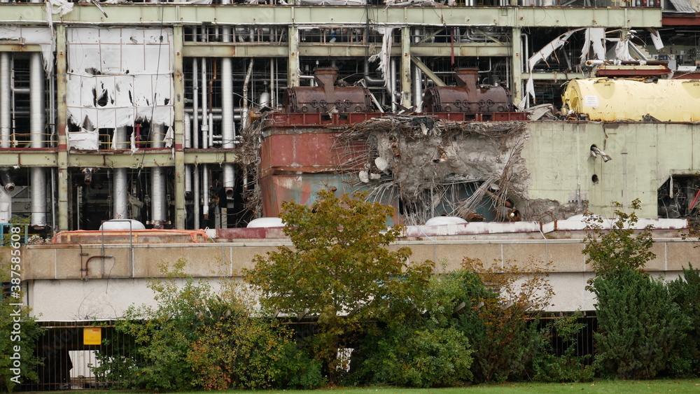 Abandoned industrial powerplant metal structure in decay