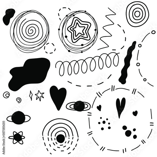 Cosmic planet silhouettes, stars, spiral and abstract shapes. Hand drawn doodle celestial