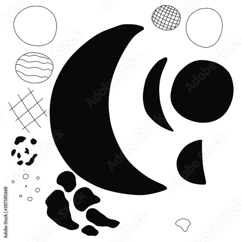 Cosmic planet silhouettes and abstract shapes. Hand drawn doodle celestial