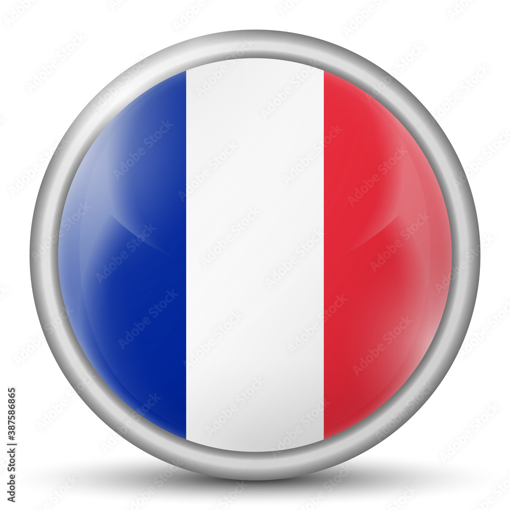 Glass light ball with flag of France. Round sphere, template icon. French national symbol. Glossy realistic ball, 3D abstract vector illustration highlighted on a white background. Big bubble. Glass light ball with flag of France. Round sphere, template icon. French national symbol. Glossy realistic ball, 3D abstract vector illustration highlighted on a white background. Big bubble.