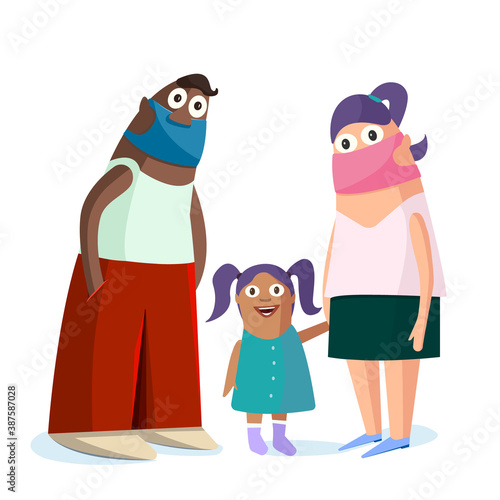 People wearing medical masks. White woman wearing a respirator, her husband using the mask incorrectly, a little girl without a mask. Mixed family during the coronavirus pandemic. Cute illustration.