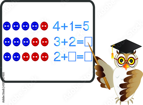 Educational games for children, on the composition of the five, example with buttons with owl teacher.