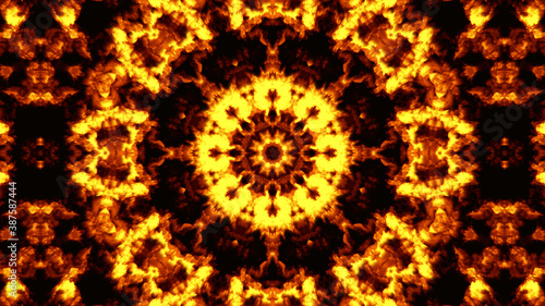 Flame-coloured kaleidoscopic background with central symmetry photo