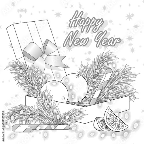 Coloring of New year greeting card with a gift, fir branches, garlands, oranges and caramel sticks