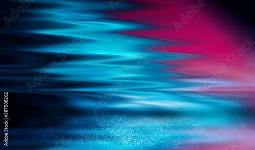 Dark abstract background with ultraviolet neon glow. Blurry neon waves. Light effect. Reflection on the asphalt. 3d illustration © Laura Сrazy