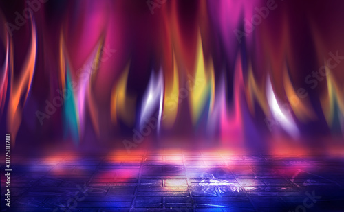Dark abstract background with ultraviolet neon glow. Blurry neon waves. Light effect. Reflection on the asphalt. 3d illustration
