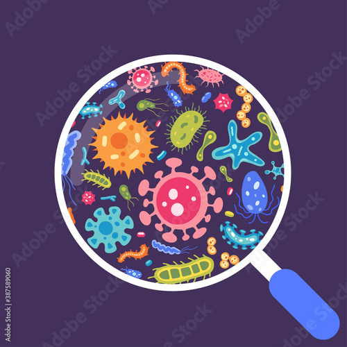 Microbiology concept. Vector collection of flat bacteria cell, virus and microbe illustrations. Set of microorganisms in microscope. Laboratory research and analysis.