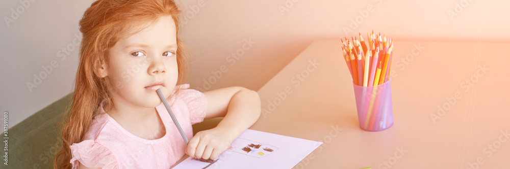 Little girl drawing. Closed Locking Exercise. Homemade routine. School lessons. Write pencil on piece of paper. Kindergarten study. Elementary preschool. Woman kid student. Thinking or dreaming Little girl drawing. Closed Locking Exercise. Homemade routine. School lessons. Write pencil on piece of paper. Kindergarten study. Elementary preschool. Woman kid student. Thinking or dreaming
